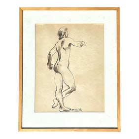 Vintage Boho Ink Line Drawing on Paper of Nude Man