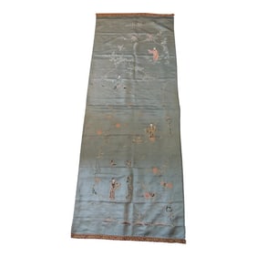 Vintage Asian Green Silk Embroidered Panel or Wall Hanging