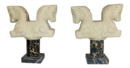 Vintage 'Louvre' Paris Classical Statues Bookend Bulls on Marble Pedestal - a Pair