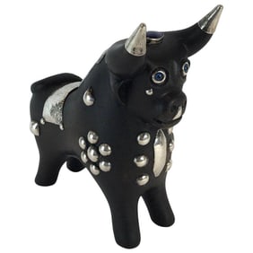 1960s Mid-Century Carved Wood and Silver Taurus Bull Sculpture