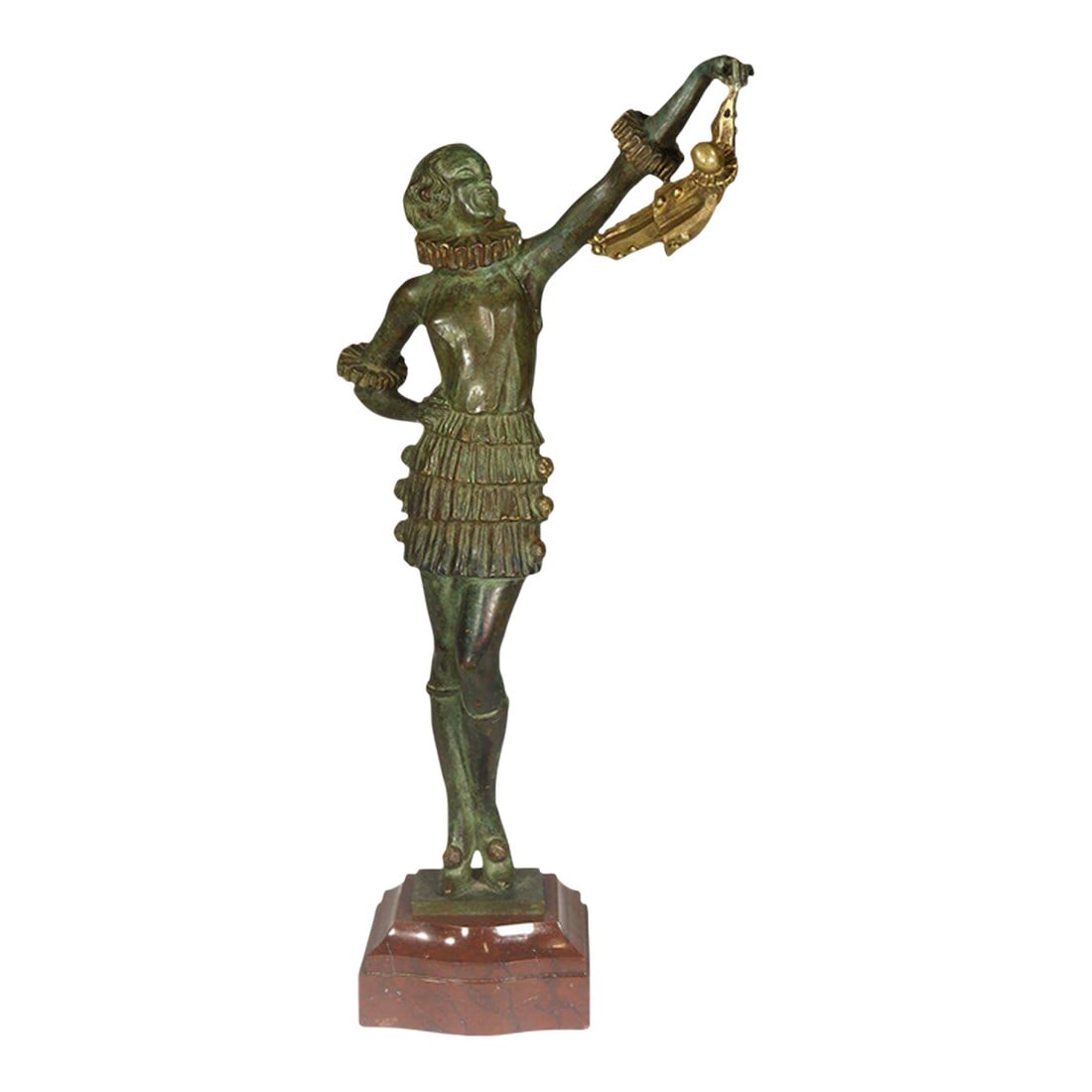 1930's Art Deco Bronze Pierrot & Pierette Sculpture- signed * Pierre Laurel: A wonderful, Art Deco quite striking bronze statue by sculptor Pierre Laurel from the Marcel Guillemard foundry. It depicts the female harlequin, Pierette in strong Art Deco style dangling a similarly