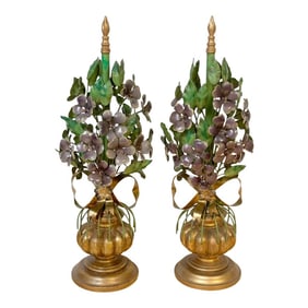 Italian Hollywood Regency Giltwood & Tole Violet Topiary Sculptures - a Pair