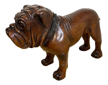 19th Century Antique English Carved Mahogany Bull Dog With Steel Collar