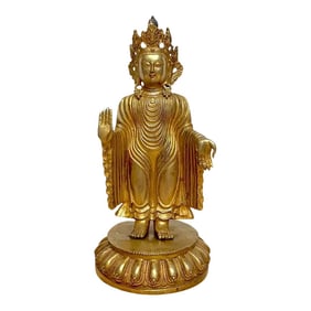 Tibetan Bronze Standing Gilt Bronze Buddha Offering Protection