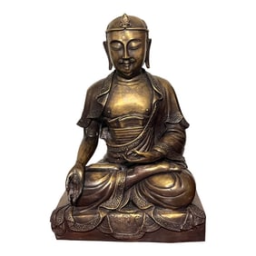 Mid-Century Large Gilded Bronze Buddha Statue 15" Tall
