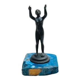 19th C Italian Diminutive Grand Tour Bronze Nude Athlete on Lapis, Lazuli Base