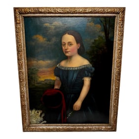 Large Mid Victorian Oil Painting Portrait Eliza Maddock of Onchan Isle of Man & Dog