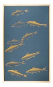 Japonisme Hand-Painted Silk Panel Framed, Gold Fish on Blue