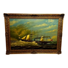 Large Oil Painting Seascape Sailing Steam Ship Ss Great Britain by Salvatore Colacicco Framed
