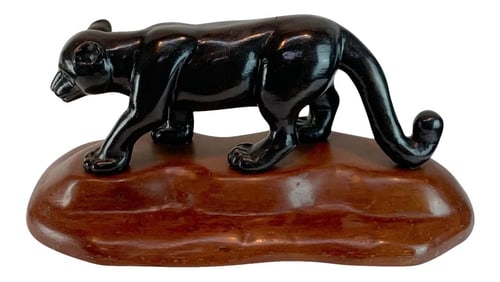 Mid 20th Century French Modern Carved Wood Sculpture of Black Panther/ Jaguar