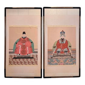 Early 20th Century Antique Large Scale Chinese Ancestor Portraits Painted on Silk - A Pair