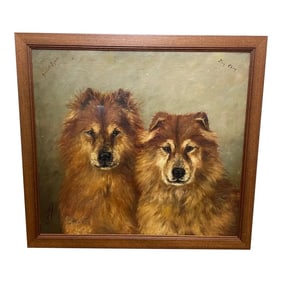 Traditional French 19th Century Oil Painting Chinese Chow Chow Dogs Ting & Ching Framed
