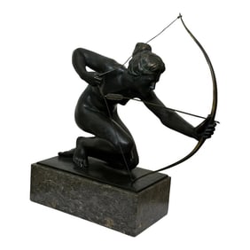 Art Deco Bronze Diana Mythology Goddess Holding Bow & Arrow Signed R Henn