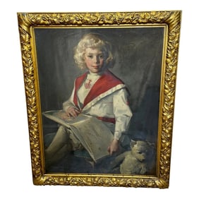 Antique Oil Painting Girl Reading Story Book With Teddy Bear by David Alison Rsa C1914