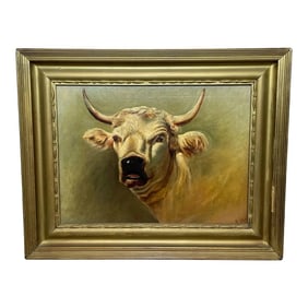 Antique British Victorian Oil Painting Prized Country Farm Animal Bull Portrait Dated 1898
