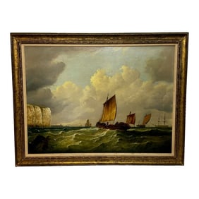 Large Victorian Seascape Masterpiece Polly Ramsgate Fishing Boat Off Dover by William Broome C1878