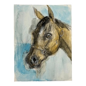 1990s "Horse Portrait Study on Blue" Abstract Horse Art Mixed Original Media Watercolor on Paper