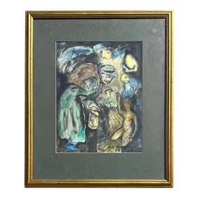 Mid 20th Century Vintage Original Abstract Oil on Canvas of Old Woman