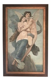 Enchanting Large Antique Oil Painting of Legendary Lovers 'Eros (Cupid) and Psyche' After Bouguereau