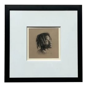 Vintage Boho Signed Original Charcoal Sketch of Young Man