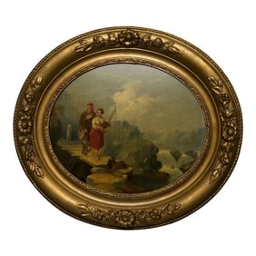 19th Century Scottish Highland Oval Oil Painting Ghillie & Girl Bagpipes Terrier at Foot