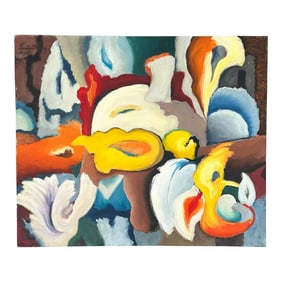 Vintage Abstract Oil Painting of Leaves on Canvas