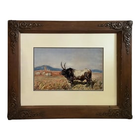 1800s Antique Longhorn Bull Painting Watercolor on Paper by Leopoldo Mariotti