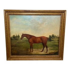 Traditional 19th Century Oil Painting Portrait Bay Hunter Horse Partisan by James Barenger