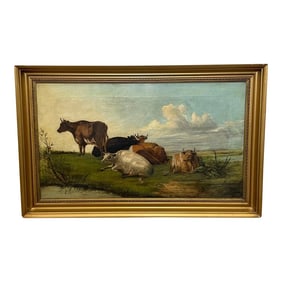British 19th Century Oil Painting Cattle in Water Meadow