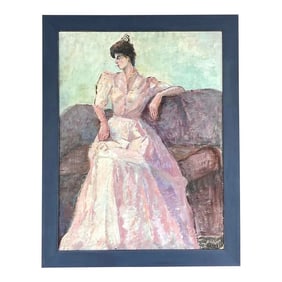 Vintage Impressionsit Original Oil Portrait Painting of Woman in Pink Gown