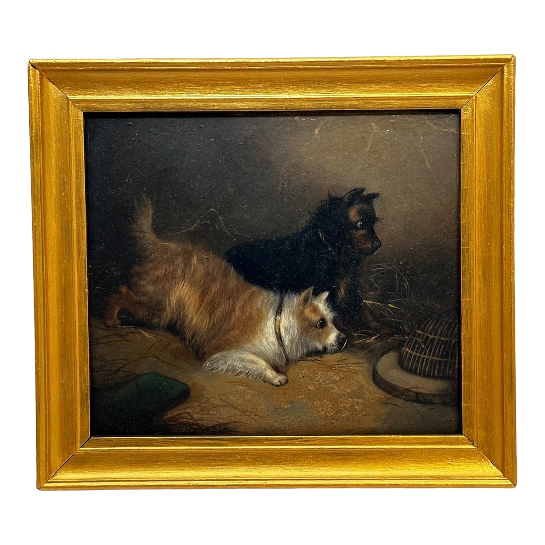 British Victorian Oil Painting of Hunting Terrier Dogs Ratting Signed George Armfield Dated 1867: 1 Fine Art Charming Traditional British Antique Victorian Original 19th Century Oil Painting 2 Sporting Hunting Terrier Dogs "Ratting" George Armfield C1867. Subject Hunting scene of 2 Terrier Dogs wh