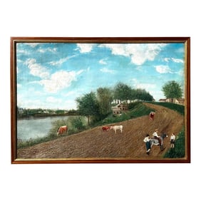 Vintage Original Pastoral Oil Painting of Cows Grazing