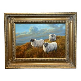 Vintage British Oil Painting Portrait of Three Sheep in Scottish Highlands, Framed
