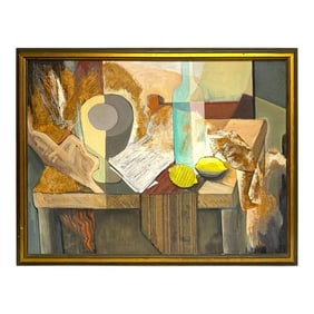 Midcentury Mixed-Media Cubist Still Life Oil on Canvas