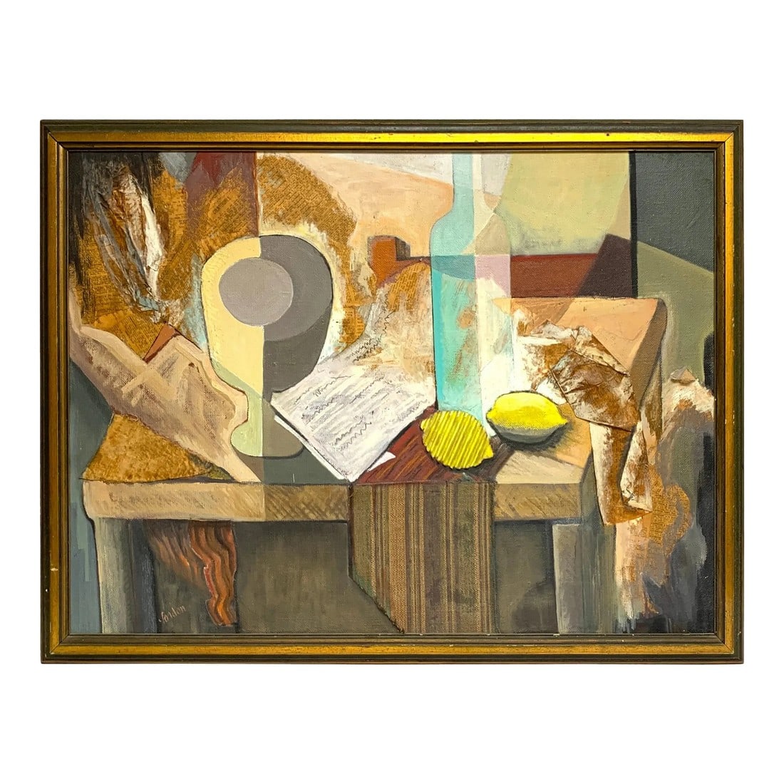 Midcentury Mixed-Media Cubist Still Life Oil on Canvas: Midcentury mixed-media Cubist still life oil on canvas, a fine composition with influences of Kurt Schwitters and George Braque. Signed "Gordon" Lower left center. Measures: Canvas 30" x 22" Framed 25