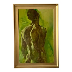 Early 20th Century Vintage Boho Original Painting on Board of Male Nude