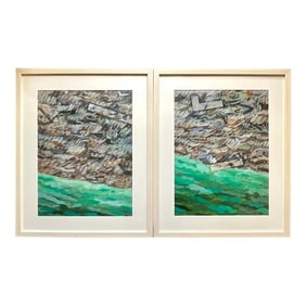 Vintage Boho Original Oil on Paper Abstract Painting - a Pair