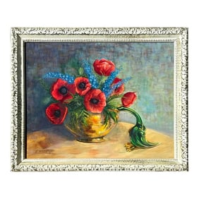 Vintage Original Painting of Poppies on Canvas