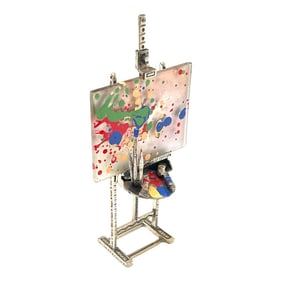 .800 Silver Miniature Artist Easel & Modern Painting Trompe l'oeil Sculpture