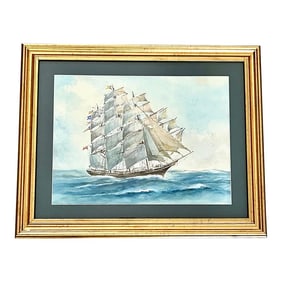 Mid Century Original Watercolor Framed Painting Flying Cloud Clipper Ship Maritime Coastal Original