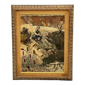 Mid 20th Century American School Oil Painting Fishing Landscape Signed Baldwin