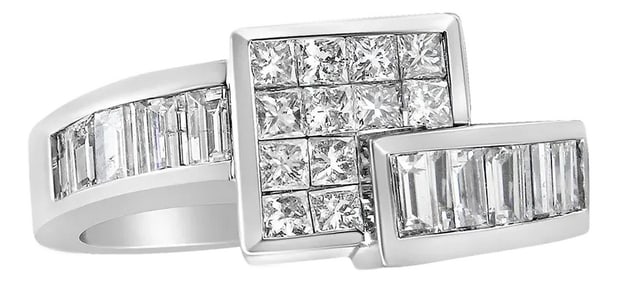14K White Gold 1 1/2 Cttw Invisible-Set Princess and Channel-Set Baguette Diamond Geometric Bypass R