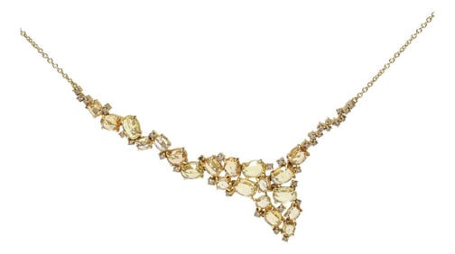 18K Yellow Gold 1/2 Cttw Brown Diamond and Multi-Size Oval Yellow Sapphire Cluster Cascade Station N