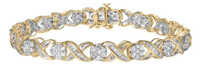 10K Yellow Gold 3.00 Cttw Round-Cut and Baguette-Cut Diamond 'XOXO' Floral Design 7.50" Bracelet (J-