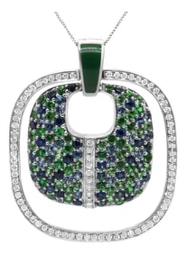 .925 Sterling Silver Green Enamel Pendant with 1/2 Cttw Diamond, Sapphire, and Tsavorite Openwork St
