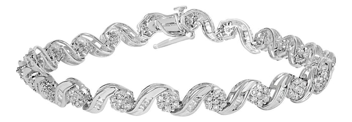 10K White Gold 2.00 Cttw Round-Cut and Baguette-Cut Diamond Floral Design Swirl Link 7" Bracelet (I-