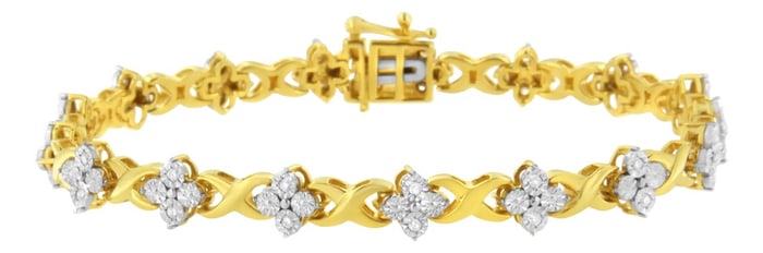 10K Yellow Gold Plated Sterling Silver 1/4 cttw Diamond 4 Leaf Clover Link Tennis Bracelet - Size 7.