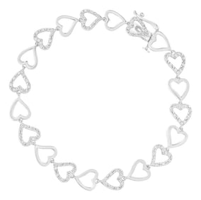 .925 Sterling Silver 1/2 Cttw Diamond Alternating Heart Link Bracelet - Size 7.25" Inches