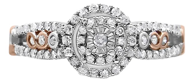 14K Rose Gold Plated .925 Sterling Silver 3/8 Cttw Round Diamond Double Frame Cross-Over Split Shank