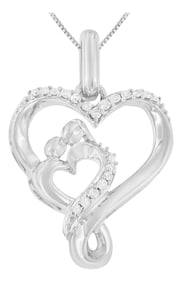 .925 Sterling Silver 1/10 cttw Diamond Mother & Child Double Open Heart 18" Pendant Necklace